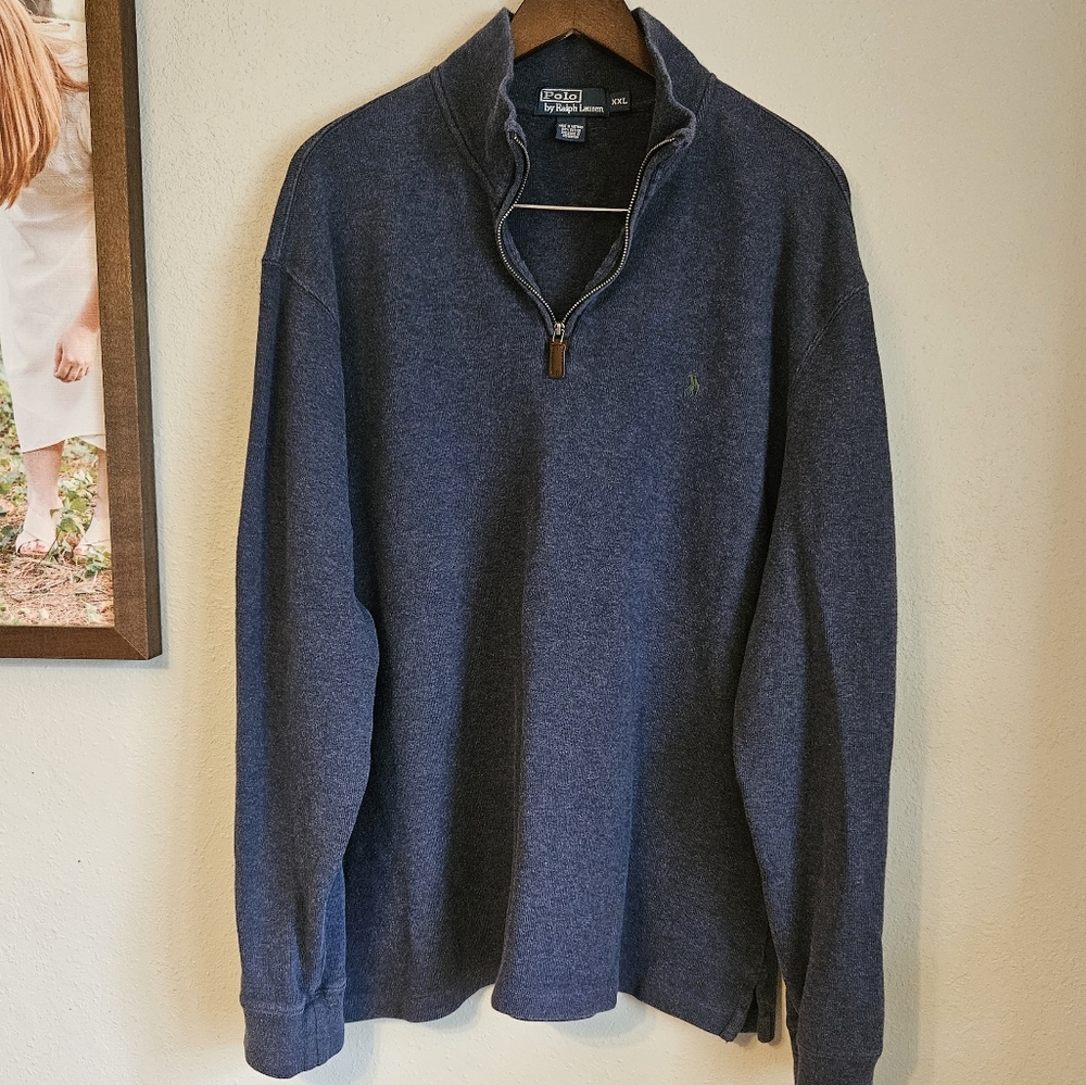 Polo Ralph Lauren Blue 1/4 Zip Pull Over 100% Cotton Green Horse Sweater XXL